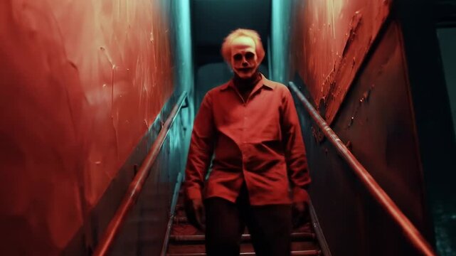 Menacing figure in red lighting walking down dark corridor creating suspenseful horror atmosphere with ominous shadows and dramatic cinematic tension