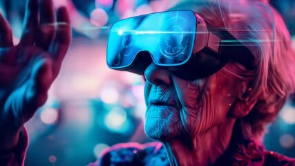 Elderly lady wearing virtual reality headset bathed in vibrant neon lighting exploring digital worlds through immersive technology and futuristic entertainment experiences. Modrern old woman - Powered by Adobe