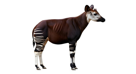 A single okapi standing in a dark environment with white stripes on its legs and rear area