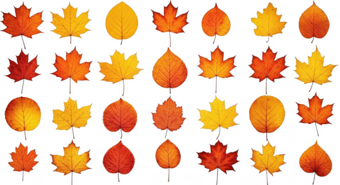 A Vibrant Collection of Autumn Leaves Showcasing Various Shapes and Colors in a Decorative Arrangement, isolated on a transparent background