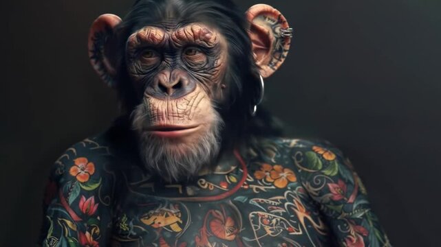 Chimpanzee wearing colorful floral tattoos showcasing artistic body art and creative expression through unconventional animal portrait photography