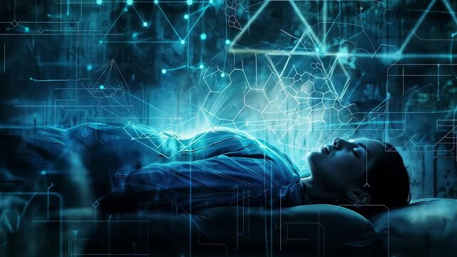 Sleeping person with digital brain wave patterns and neural network overlays illustrating sleep science research and dream state analysis - Powered by Adobe