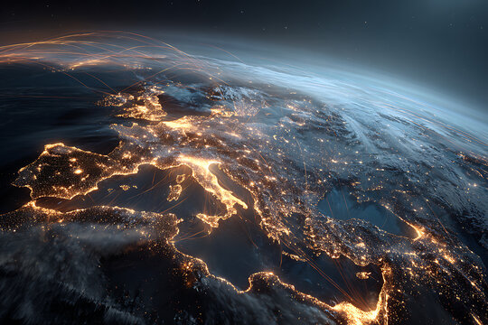 Aerial view of Europe and the Middle East from space, glowing with golden city lights and data trails. A futuristic concept of global connectivity, smart cities, and digital infrastructure.