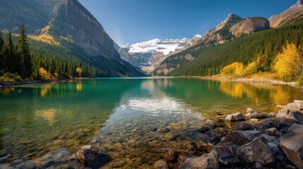 Turquoise lake louise reflects snow capped mountains and autumn foliage