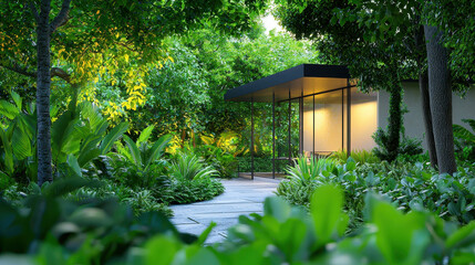 Serene garden pathway leads to modern glass structure surrounded by lush greenery, creating tranquil atmosphere