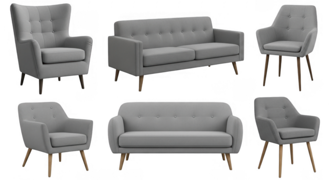 Stylish Modern Gray Sofas and Elegant Armchairs for a Trendy Contemporary Living Room Decor, isolated on a transparent background
