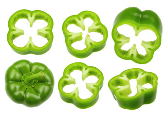 Fresh Green Pepper Slices and Whole on transparent Background