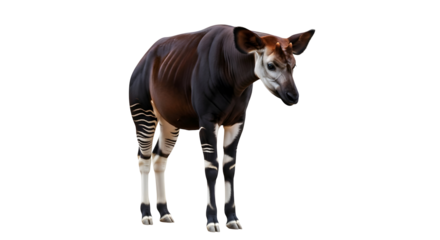 A full body shot of an okapi standing with its head down on a black background in a studio setting