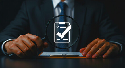 Businessman pressing virtual checklist icon on tablet representing task approval and productivity