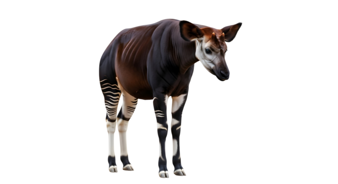 A full body shot of an okapi standing with its head down on a black background in a studio setting