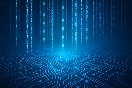 Digital rain of binary code cascades onto a futuristic circuit board