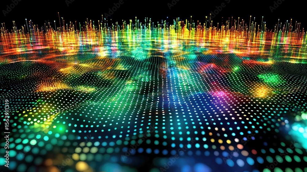 Fototapete vibrant light patterns reflecting off digital surface abstract environment colorful visual artwork d