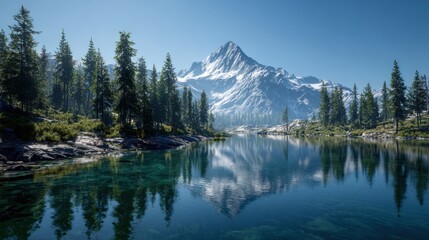 Serene alpine lake reflects snow capped mountains and lush green forest