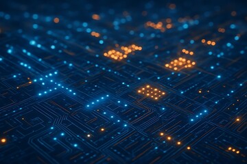 Abstract circuit board with glowing blue and orange lights