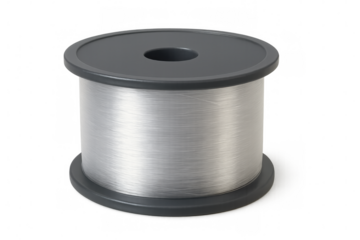 Close-up of a metallic wire spool with a smooth surface, set against a transparent background, ideal for industrial and manufacturing concepts