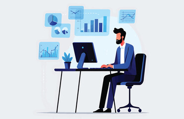 Data Analyst at Work Analyzing Charts and Graphs on Computer