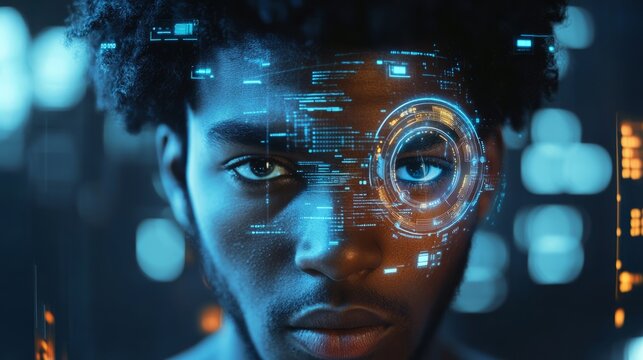 Young African American man with digital interface overlay on face, showcasing futuristic technology and innovation, representing the intersection of humanity and advanced digital systems