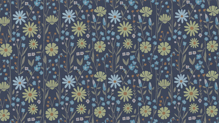 Seamless Blue and Yellow Floral Pattern with Bees  Beautiful Spring Flower Textile Design