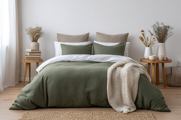 Serene bedroom featuring a king size bed with olive green bedding and textured throw white sheets