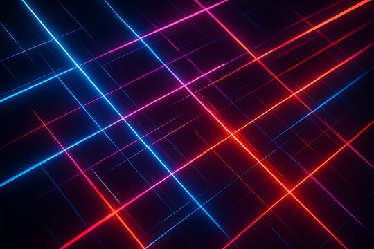 Abstract neon grid with intersecting blue and red light streaks on dark background