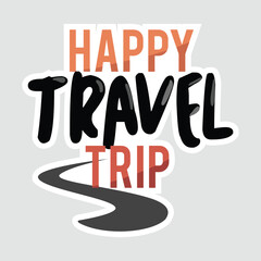 Happy Travel Trip Typography Sticker Vector. Fun travel-themed typography sticker with a winding road graphic. Perfect for travel lovers, adventure designs, and digital projects