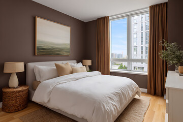 Fototapeta premium Serene bedroom with earth tones and natural light white bedding pillows