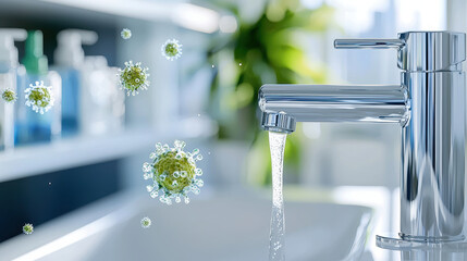 Modern bathroom sink with shiny faucet, water flowing, and visible microbial elements, highlighting cleanliness and hygiene