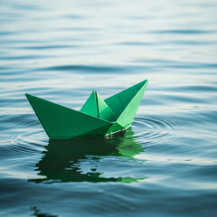Fototapeta premium A green paper boat floats on a calm lake. The water is blue with small waves. The boat's classic origami style and soft lighting convey a sense of peace and tranquility