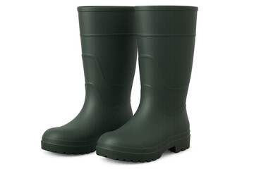 Green rubber rain boots with rugged outsole, standing durably against transparent backdrop, ready for outdoor terrain protection