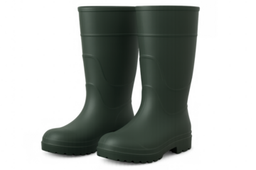 Green rubber rain boots with rugged outsole, standing durably against transparent backdrop, ready for outdoor terrain protection