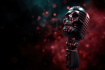 Black red gradient microphone in the shape of a skull on dark defocused background