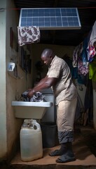 Man in His 40s Cleans Clothes Using Foot-Powered Hand Washer Under Solar-Powered Water Pump