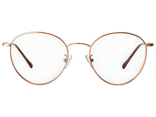 Modern round rose gold metal frame eyeglasses with clear lenses and transparent nose pads isolated on transparent background