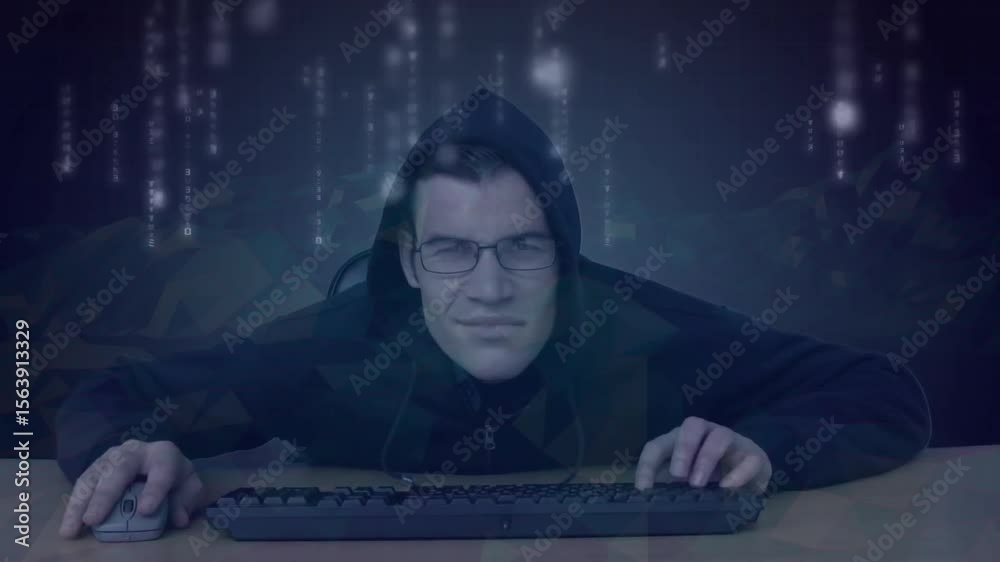 Poster man clicking mouse, typing at desk in dim workspace digital code streams enveloping him during hack