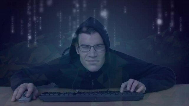 Man clicking mouse, typing at desk in dim workspace digital code streams enveloping him during hack