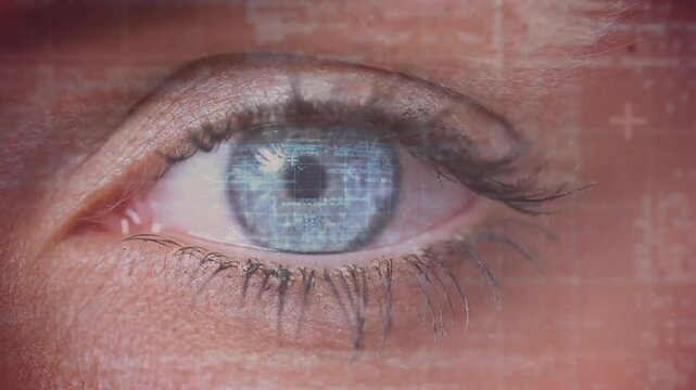 Closed eye opening revealing blue iris while holographic interface performing biometric scanning