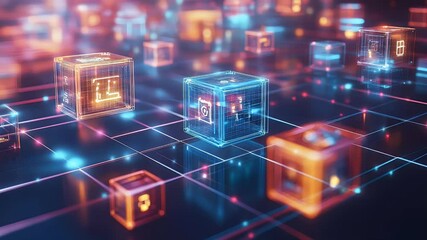 Abstract glowing cubes and lines in vibrant neon colors. Digital data visualization with an illuminated futuristic aesthetic and blurred background. - Powered by Adobe