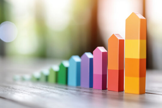 Colorful bar graph representing growth and progress business plan, showcasing various revenue levels and competitive analysis