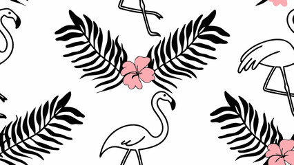 Fototapeta premium Tropical vintage pink flamingo, pink hibiscus, palm leaves floral seamless pattern grey background. Exotic jungle wallpaper. 
