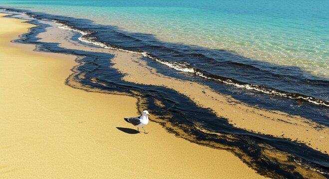 Oil spill on beach with black sludge covering sand and a seagull walking nearby