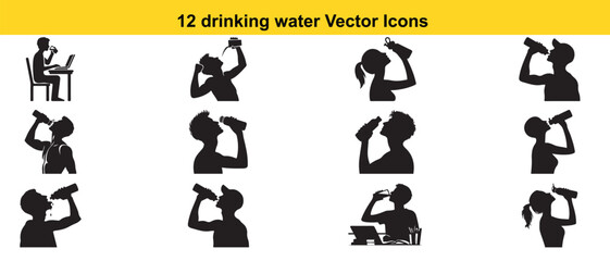 Collection of diverse human silhouettes drinking water isolated on white background silhouette