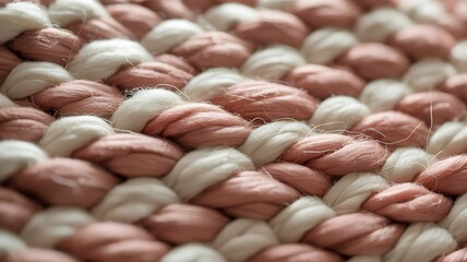 Close up macro shot of chunky woven textile with alternating strands of soft pink and creamy white yarn creating a cozy textured background