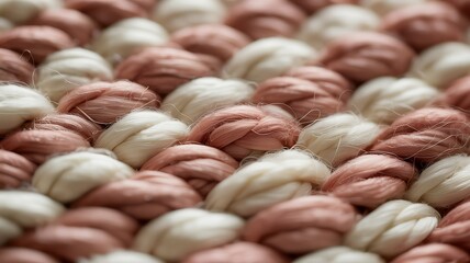 Extreme close up macro shot of thick chunky yarn braids in soft blush pink and creamy off white colors with fine fuzzy fibers