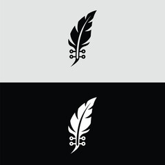 A stylized black feather merges with a circuit board design, symbolizing the fusion of nature and technology on a light gray and black background