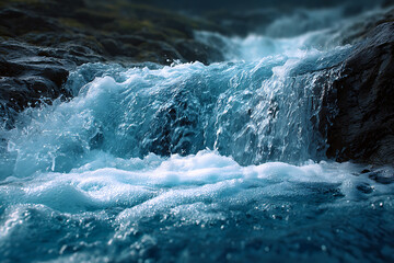 Rushing turquoise water over dark rocks creating white foam waterfall flowing
