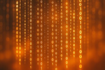 Abstract orange glowing binary code streams cascading down a dark background