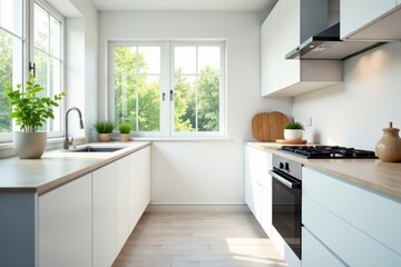 Bright white kitchen close-up, modern appliances, clean kitchen, sink, home decor