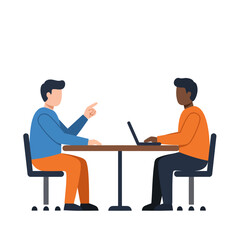 Dialogue and Collaboration: Two individuals engage in focused discussion, perhaps a brainstorming session or work-related meeting, each actively contributing at the table.