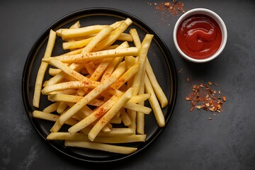 Golden french fries sprinkled with paprika and chili flakes served on a black plate with a small bowl of ketchup on a dark background