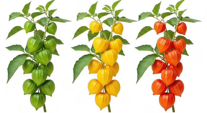 Colorful Physalis Berries: Green, Yellow, and Red Fruits on Display, isolated on a transparent background